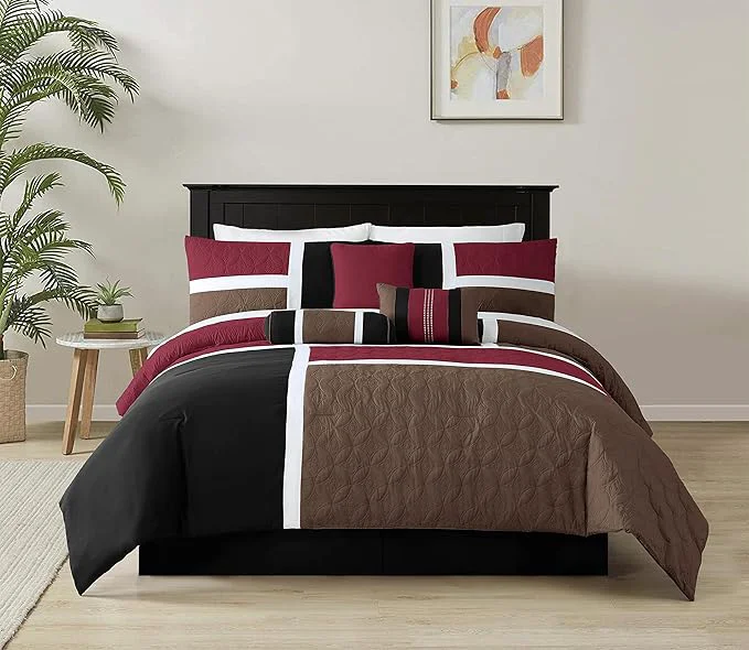 Natural Chezmoi Collection Upland 7-Piece Quilted Patchwork Comforter Set Burgundy Black Brown King Comfortable