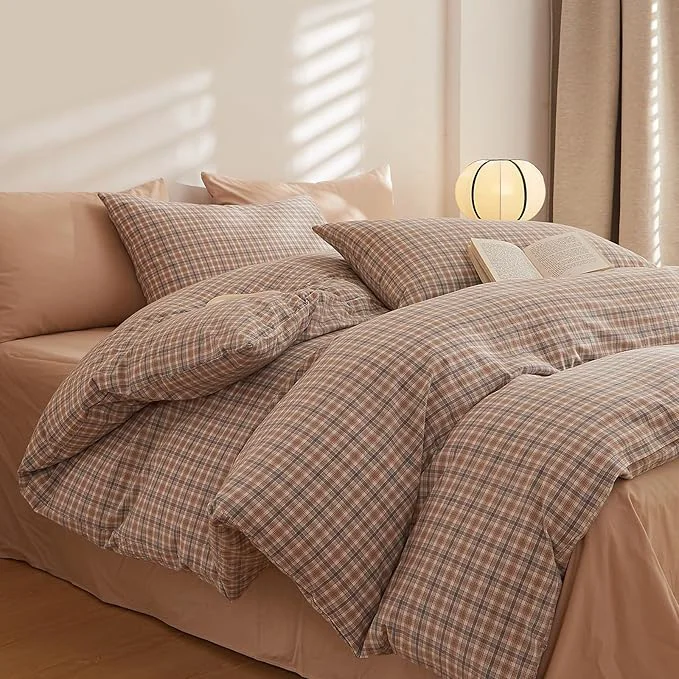 Natural Plaid Bed Comforter Queen Washed Cotton Down Bedding Set Vintage Farmhouse Fluffy Boho Bedding Comforter Sets Neutral Soft All Season Rustic Bed Comforter with 2 Pillowcases Premium