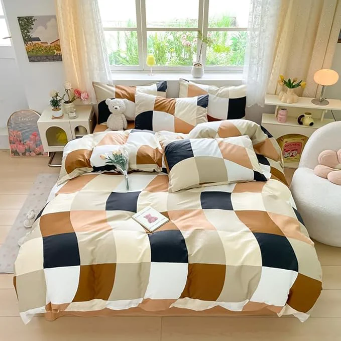 Solid Hosueri Black White Brown and Cream Plaid Comforter Set Full Size Teen Boys Girls Warm Comfy Multicolor Beige Grid Distorted Checkered Bed Quilts Soft 3 Piece Preppy Modern Dorm Bedding Blankets Full Outstanding