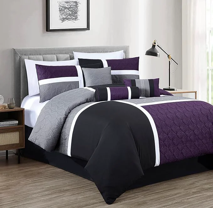 Unique Chezmoi Collection Upland 7-Piece Quilted Patchwork Comforter Set Purple Black Gray Oversized King Recyclable