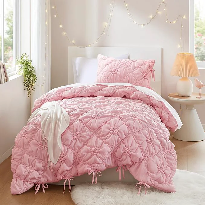 World-Class Intelligent Design Twin Comforter Set – Pink Lily Puffy Floral Shabby Chic Boho Bedding for Girls Ultra-Soft Lightweight amp All-Season Twin Functional