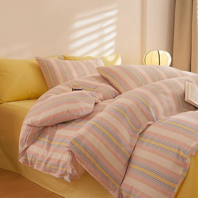 Outstanding Pink and Yellow Striped Bed Comforter Queen Set Fluffy Down Bedding Set Cute Cozy Washed Cotton Bedroom Bedding Comforter Sets Boho Chic Soft Comfy Bed Comforter with 2 Pillowcases Solid