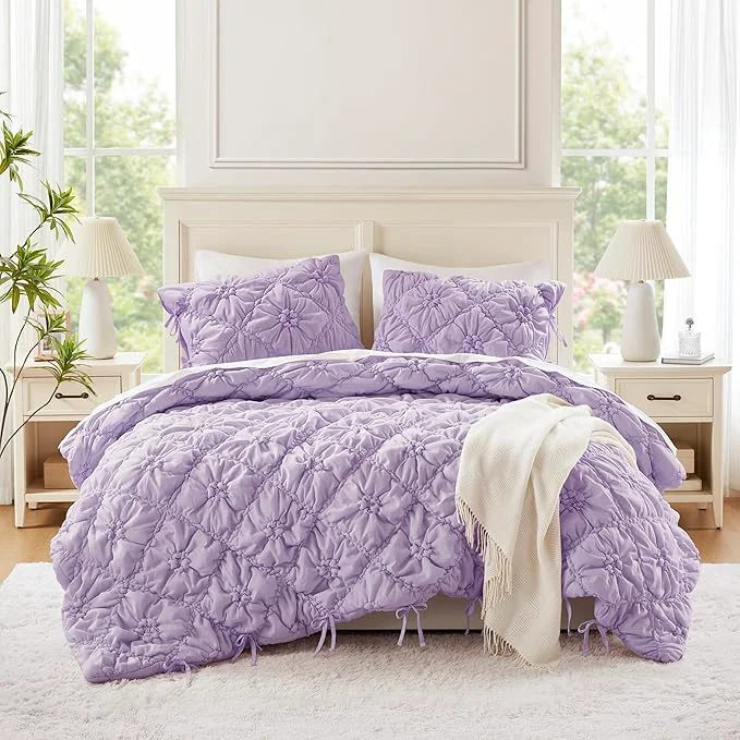 Organic Intelligent Design King Comforter Set – Purple Lily Puffy Floral Shabby Chic Boho Bedding Comforter Set Pinch Pleat Bedding Sets Ultra-Soft Lightweight amp All-Season King Cal K Selected