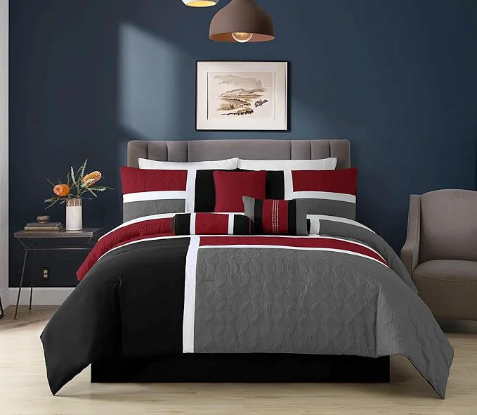 Detailed Chezmoi Collection 7-Piece Quilted Patchwork Comforter Set Red Gray Black Queen Organic