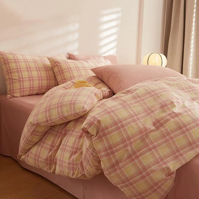 Reusable Plaid Full Bed Comforter Washed Cotton Boho Bedding Set Down Farmhouse Fluffy Soft Bedding Comforter Sets Washable Cute Cozy All Season Bed Comforter with 2 Pillowcases Proven