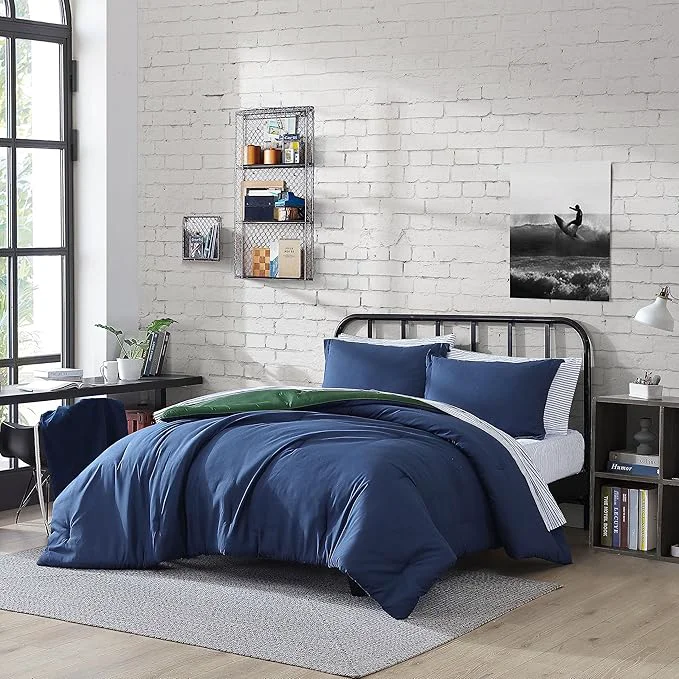 Authentic Nautica - Queen Bonus Bed Set Reversible amp Ultra-Soft Brushed Comforter with Lightweight Feel 7 Piece Bedding with Matching Bed Sheets Pillowcases amp Tote Bag Captain 39 s Blue Green Casual