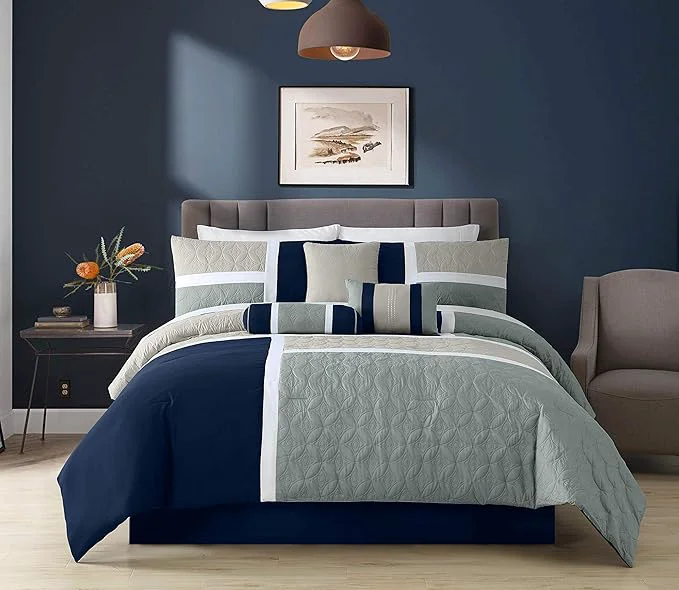 Safe Chezmoi Collection Upland 7-Piece Quilted Patchwork Comforter Set Navy Blue Gray California King Selected