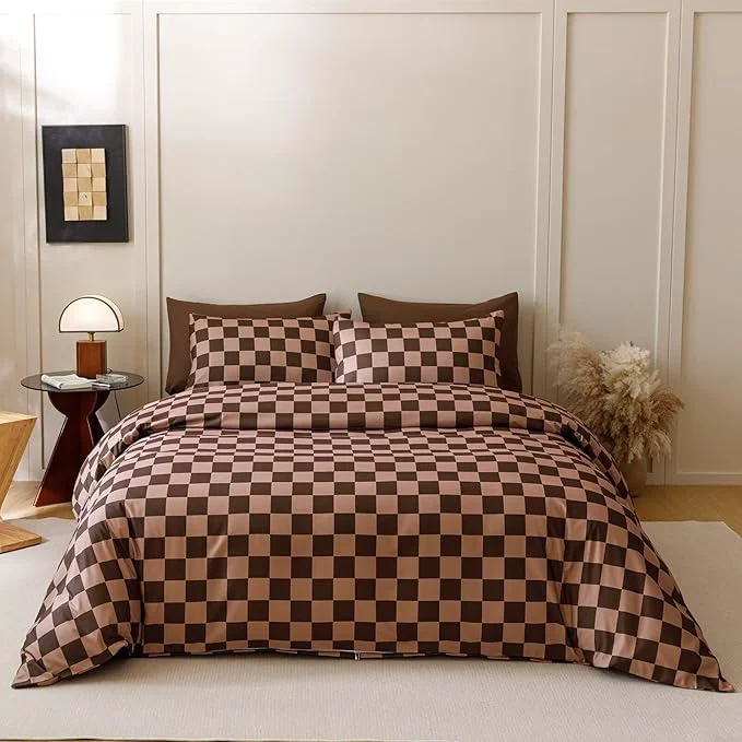 Relaxed Houseri Brown Plaid Comforter Set California King Chocolate Coffee Color Chessboard Bedding Sets Mocha Buffalo Checkered Bed Quilt Blanket Cal King Size Reliable