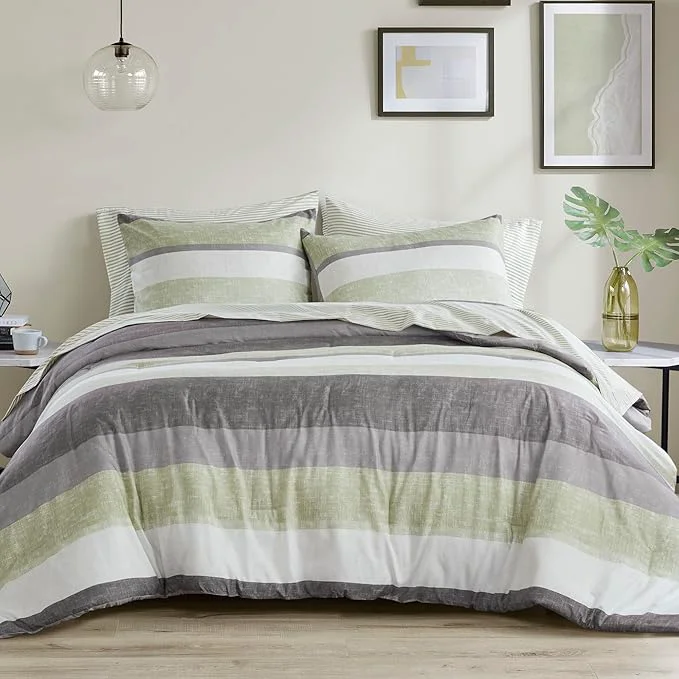 Eco-Friendly Madison Park Essentials Jaxon Queen Comforter Set Bed in A Bag Comforter amp Sheet Set Modern Casual Stripes Print All Seasons Soft Bedding Makeover Matching Sham Queen Green Grey 7 Piece Long-Lasting