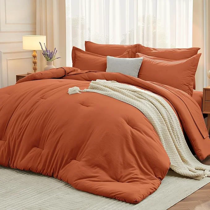 Sustainable MUXHOMO 7 Pieces Queen Comforter Set Soft Bed in a Bag Queen Size All Season Bedding Set with Comforter Flat Sheet Fitted Sheet Pillowcases amp Shams Burnt Orange Premium Material