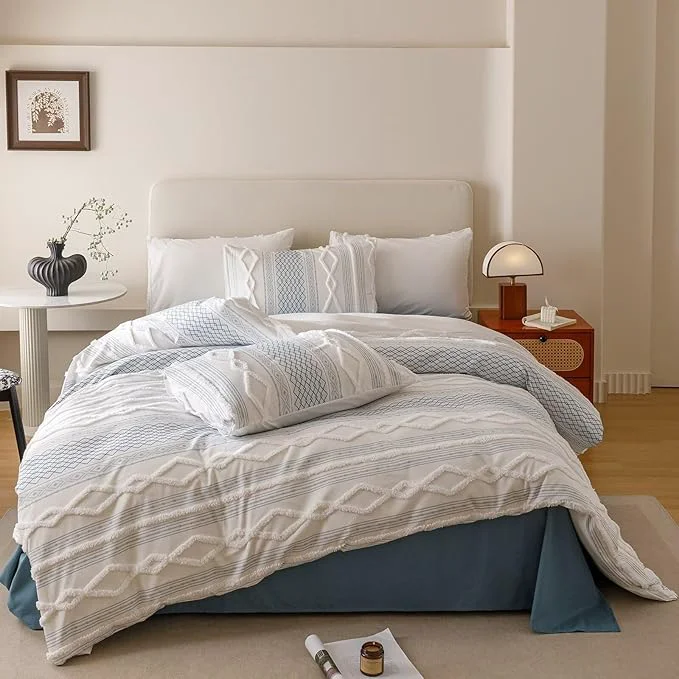 Durable Houseri Tufted Blue Comforter Set King Jacquard Bedding Shabby Chic Farmhouse Bed Sets King Functional