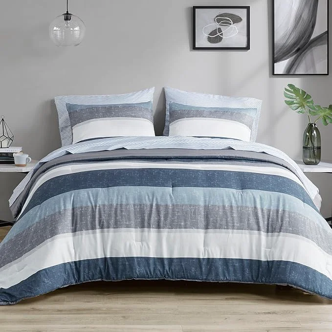 First-Class Madison Park Essentials Jaxon Bed in a Bag Comforter Set with Sheet Printed Stripe Design Modern All Season Bedding and Matching Sham King Blue Grey 7 Piece Outstanding