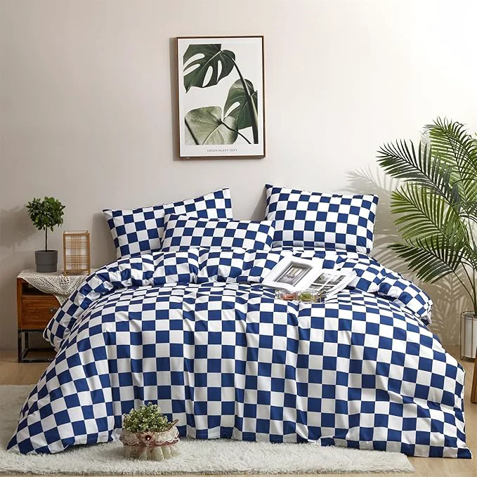 Fine Crafted Houseri Royal Blue amp White Buffalo Plaid Bedding Set - Queen Size Comforter with Dark Sea Blue Quilt amp Grid Pattern Artisan
