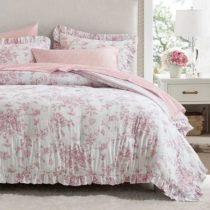 Fine Crafted Madison Park Essentials Adele Pink Floral Twin XL Size Comforter Set – Vintage Bed in a Bag with Sheets Reversible Ruffle Bedding Elegant Gift for Her Functional