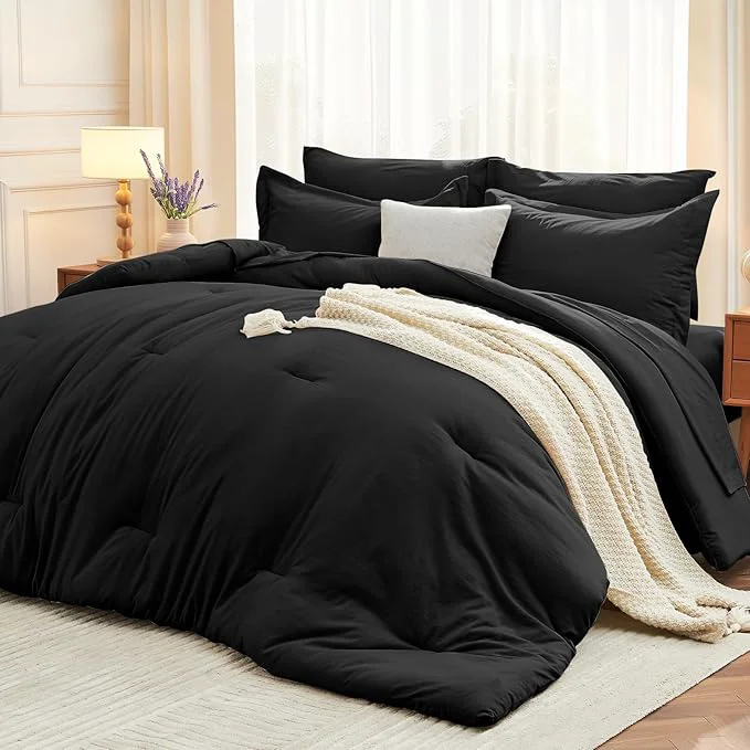 Detailed MUXHOMO 7 Pieces King Comforter Set Soft Bed in a Bag King Size All Season Bedding Set with Comforter Flat Sheet Fitted Sheet Pillowcases amp Shams Black Efficient