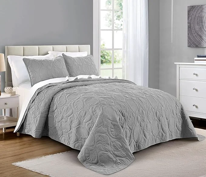 Comfortable Pure Bedding Quilt Set King Cal King California King Size Light Grey - Oversized Bedspread - Microfiber Coverlet - Includes 1 Quilt and 2 Shams Ocean Star Pattern Next-Generation