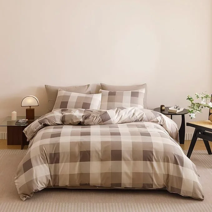 Minimalist Houseri Coffee Color Plaid Comforter Set Twin Vintage Grid Bedding Sets Durable