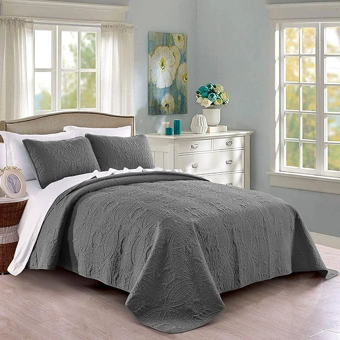 Recyclable Quilt Set King Cal King California King Size Dark Grey - Oversized Bedspread - Soft Microfiber Lightweight Coverlet for All Season - 3 Piece Includes 1 Quilt and 2 Shams Geometric Pattern User-Friendly
