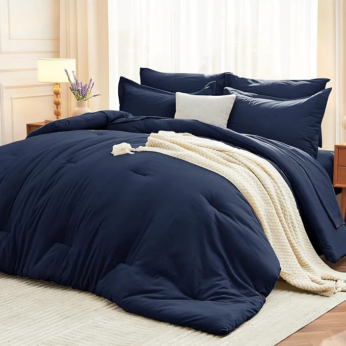 Fast MUXHOMO 7 Pieces King Comforter Set Soft Bed in a Bag King Size All Season Bedding Set with Comforter Flat Sheet Fitted Sheet Pillowcases amp Shams Navy Blue Selected
