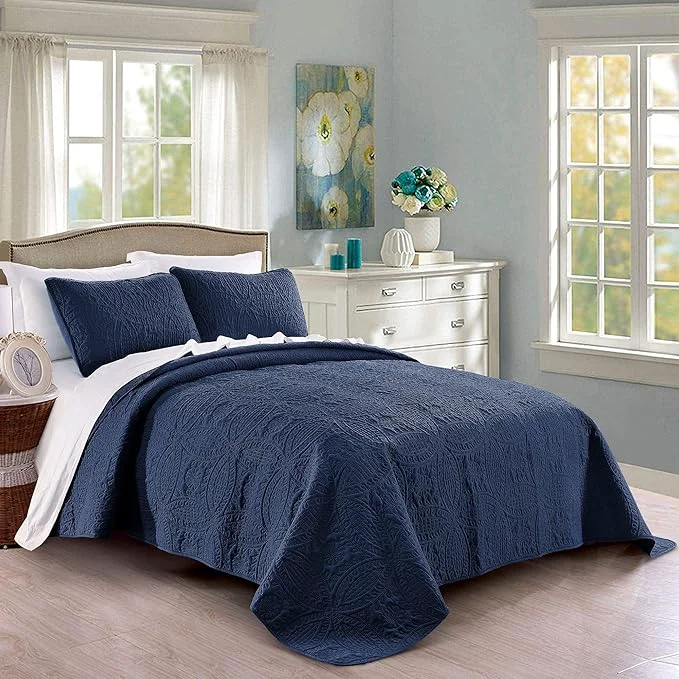 Contemporary Quilt Set King Cal King California King Size Navy - Oversized Bedspread Soft Microfiber Lightweight Coverlet for All Season - 3 Piece includes 1 Quilt and 2 Shams Geometric Pattern Comfortable