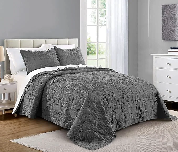 Convenient Pure Bedding Quilt Set King Cal King California King Size Dark Grey - Oversized Bedspread - Microfiber Coverlet - Includes 1 Quilt and 2 Shams Ocean Star Pattern Sustainable