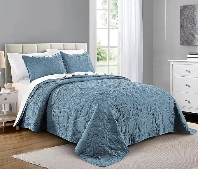 Unique Pure Bedding Quilt Set King Cal King California King Size Ash Blue - Oversized Bedspread - Microfiber Coverlet - Includes 1 Quilt and 2 Shams Ocean Star Pattern Trusted