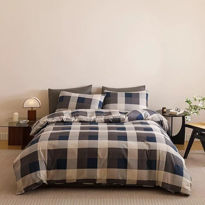 Carefully Designed Houseri Blue Plaid Comforter Set California King Vintage Grid Bedding Sets Genuine