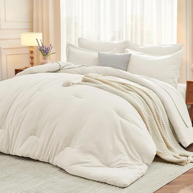 Reusable MUXHOMO 5 Pieces Twin Comforter Set Soft Bed in a Bag Twin Size All Season Bedding Set with Comforter Flat Sheet Fitted Sheet Pillowcases amp Shams Ivory Enhanced