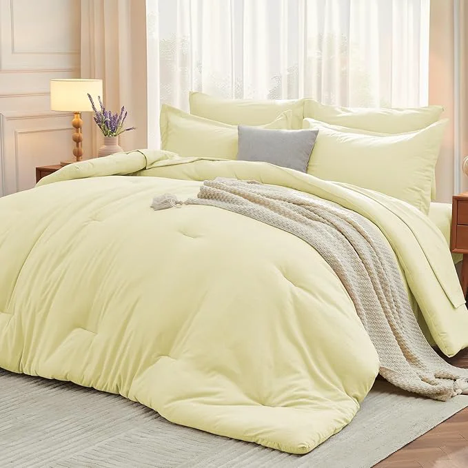 High-Grade MUXHOMO 5 Pieces Twin Comforter Set Soft Bed in a Bag Twin Size All Season Bedding Set with Comforter Flat Sheet Fitted Sheet Pillowcases amp Shams Cream Yellow High-Quality