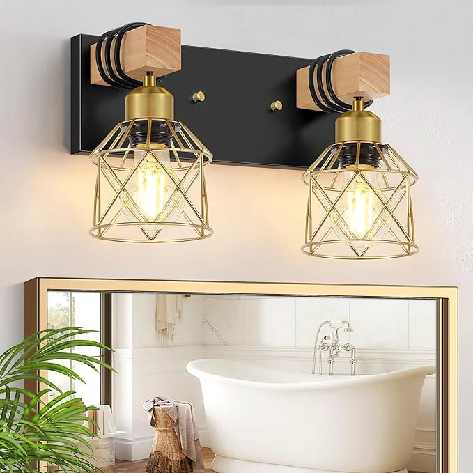 Durable FadimiKoo Rustic Style Wood Bathroom Wall Sconces 2-Light Black Gold Bathroom Breathable