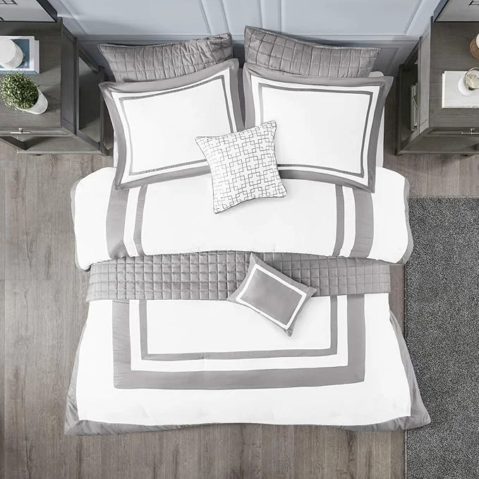 Minimalist Madison Park Heritage Comforter Quilt Combo Set - Modern Luxury Design All Season Down Bedding Matching Shams Decorative Pillows Full Queen 90 quot x90 quot Color Block Grey 8 Piece Powerful