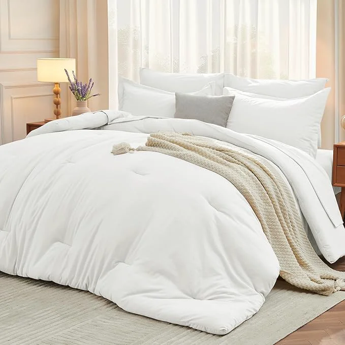 Recyclable MUXHOMO 7 Pieces Full Comforter Set Soft Bed in a Bag Full Size All Season Bedding Set with Comforter Flat Sheet Fitted Sheet Pillowcases amp Shams White Stylish
