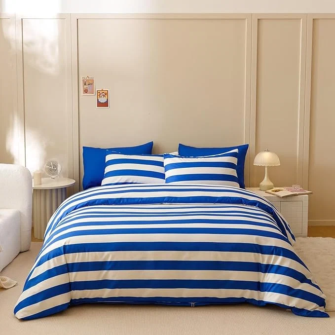 Elegant Houseri Blue White Stripes Comforter Set King 3 Piece Blue Bedding King Size Lightweight Modern Striped Bed Set Soft Comfy Quilt Blanket King Classic