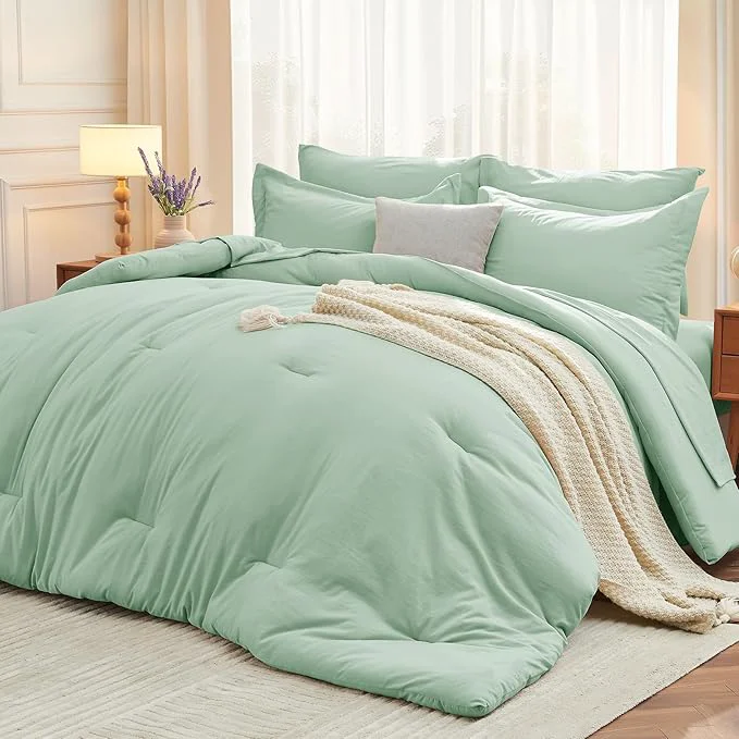 Stylish MUXHOMO 7 Pieces Queen Comforter Set Soft Bed in a Bag Queen Size All Season Bedding Set with Comforter Flat Sheet Fitted Sheet Pillowcases amp Shams Sage Green High-End