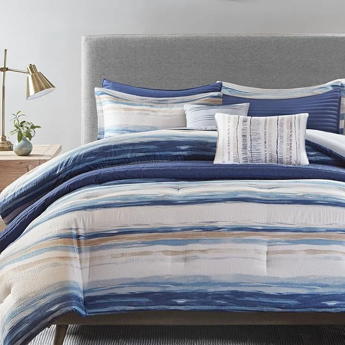 Traditional Madison Park Marina Comforter Quilt Combo Set - Modern Luxury Design All Season Down Bedding Matching Shams Decorative Pillows Full Queen 90 quot x90 quot Seersucker Blue 8 Piece Breathable