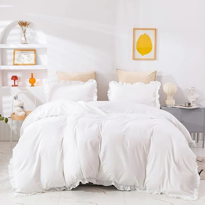 Efficient Cottonight White Comforter Set Queen Ruffle Bedding Comforter Set Farmhouse Boho Ruffles White Blanket Quilts Soft Breathable Bedding Set for Queen Bed Lightweight