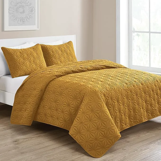 Efficient VCNY Home King Size 3-Piece Bedding Set Lightweight Quilt amp Matching Shams Ultra-Soft amp Breathable Fabric Durable amp Wrinkle Resistant Medium-Weight for Year Round Use Serena Collection Gold Effective
