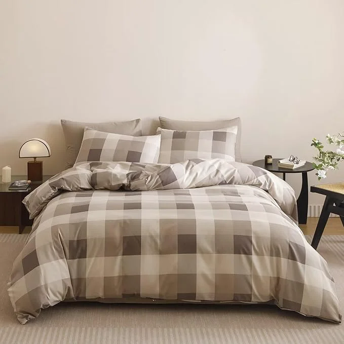 Long-Lasting Cottonight Checkered Khaki Comforter Set King Men Gingham Grid Bedding Set Khaki and Cream Coffee Grid Comforter Fluffy Soft Blanket Quilts Modern Cottagecore Comforter for King Bed Trusted