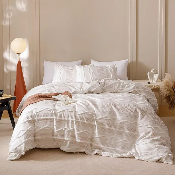 Relaxed Houseri Tufted Comforter Set Queen Beige Jacquard Bedding Sets Premium