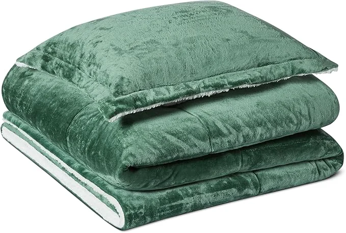 Efficient Amazon Basics Reversible Sherpa Comforter Set with Pillow Sham Twin Twin XL Green Recyclable