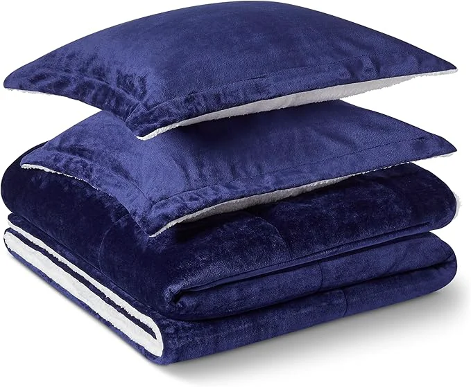 Next-Generation Amazon Basics Reversible Sherpa Comforter Set with Pillow Sham Navy Queen Full Premium Material