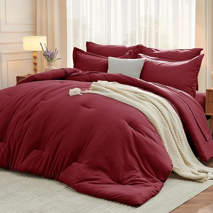 Sustainable MUXHOMO 5 Pieces Twin Comforter Set Soft Bed in a Bag Twin Size All Season Bedding Set with Comforter Flat Sheet Fitted Sheet Pillowcases amp Shams Burgundy Red Versatile