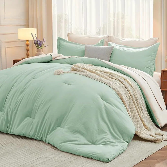 Prestigious MUXHOMO 7 Pieces King Comforter Set Soft Bed in a Bag King Size All Season Bedding Set with Comforter Flat Sheet Fitted Sheet Pillowcases amp Shams Sage Green amp Beige Modern