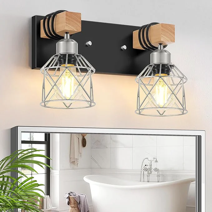 Premium Material FadimiKoo Farmhouse Bathroom Light Fixtures Rustic 2-Light Wood Vanity Lights Practical