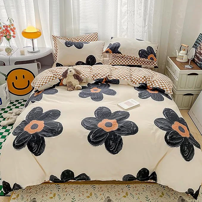 Breathable Cottonight Black Sunflower Comforter Set Full Black Beige Floral Bedding Comforter Set Full Big Flowers Cute Quilts Botanical Black White Blankets Elegant Bedding Set for Women Girls Female Teens Classic