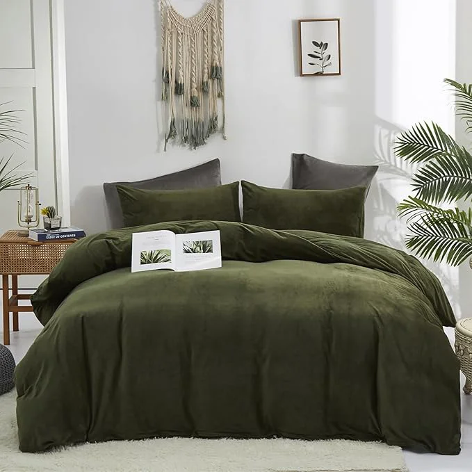 Sophisticated Cottonight Army Green Velvet Comforter Set - Queen Size Olive Green Plush Fluffy Bedding Dark Green Blanket Modern Winter Warm 3 Piece Set for Women amp Men Exceptional