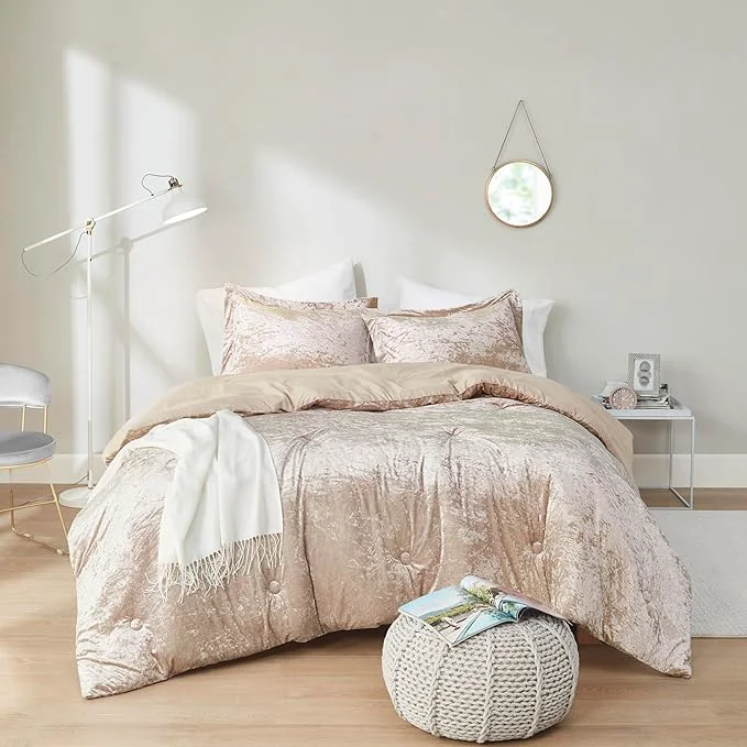 High-End Comfort Spaces Luxe Velvet Comforter Set for Twin Twin XL Size Bed Microfiber Reverse Juliette All Season Bedding Fluffy Sham Champagne 2 Piece Selected