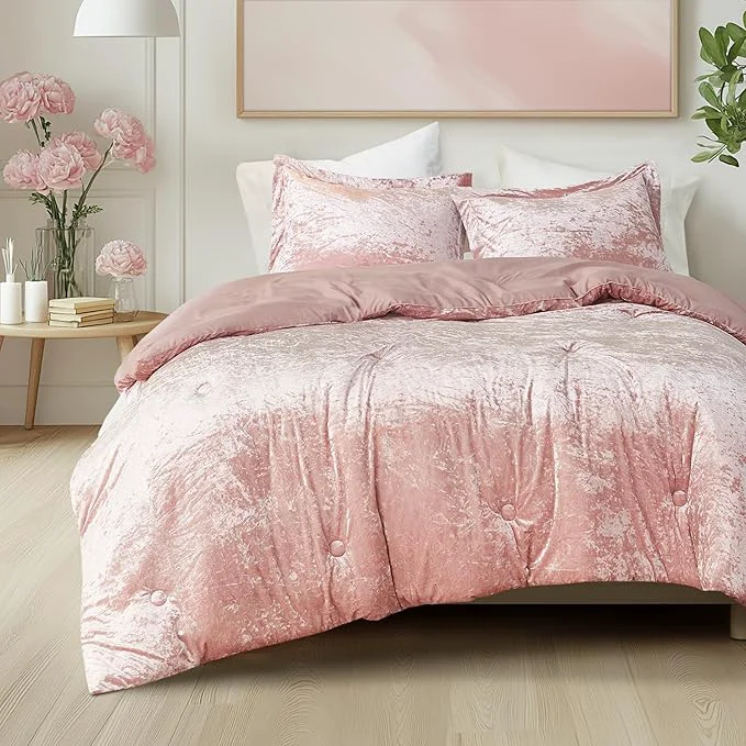Safe Comfort Spaces Juliette Luxe Comforter Set Velvet Lush with Soft Brushed Microfiber Reverse All Season Cozy Velvet Bedding Sets Fluffy Comforter Bed Set Matching Sham Blush Full Queen 3 Piece Premium