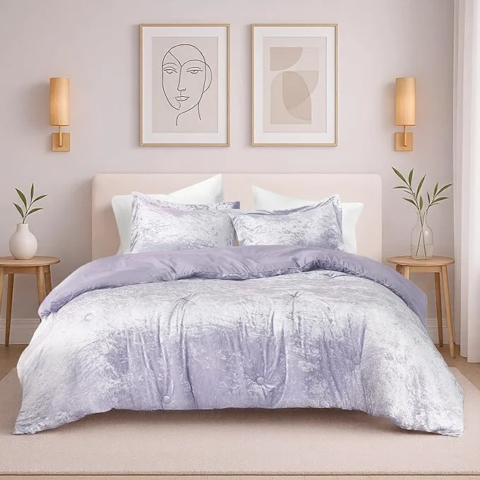 High-End Comfort Spaces Juliette Luxe Comforter Set Velvet Lush with Soft Brushed Microfiber Reverse All Season Cozy Velvet Bedding Sets Fluffy Comforter Bed Set Matching Sham Purple King 3 Piece Stylish