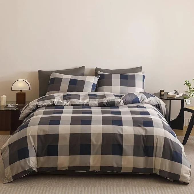 Optimized Cottonight Checkered Navy Comforter Set King Men Gingham Grid Bedding Set Navy and Khaki Grid Comforter Fluffy Soft Blanket Quilts Modern Cottagecore Comforter with 2 Pillowcases for King Bed Functional